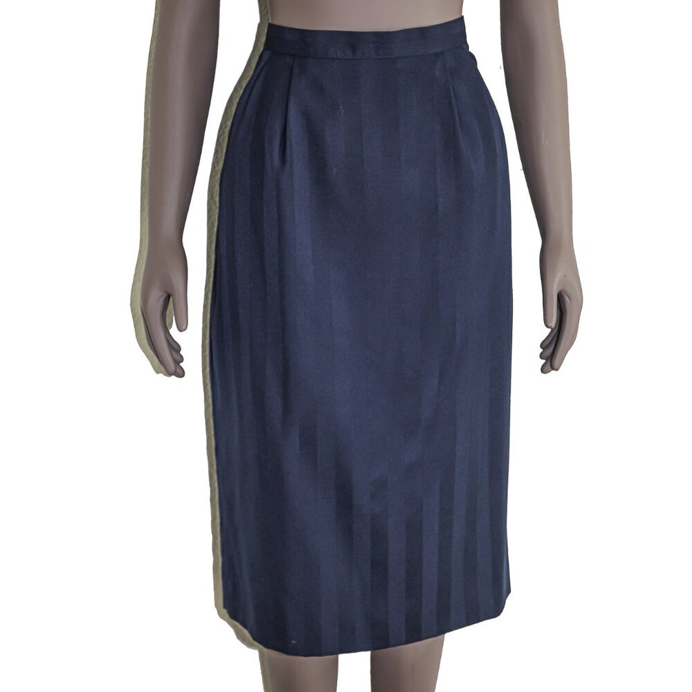 Vintage 80s Navy Blue Striped Pencil Skirt High-Waisted Retro Office Wear Size 8